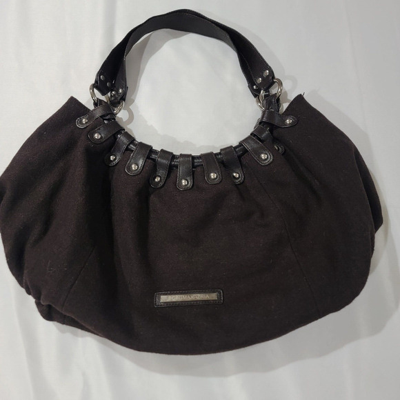 BCBG Maxazria Shoulder Bag Tote Studded Crescent Hobo Double Strap Brown - Picture 2 of 14